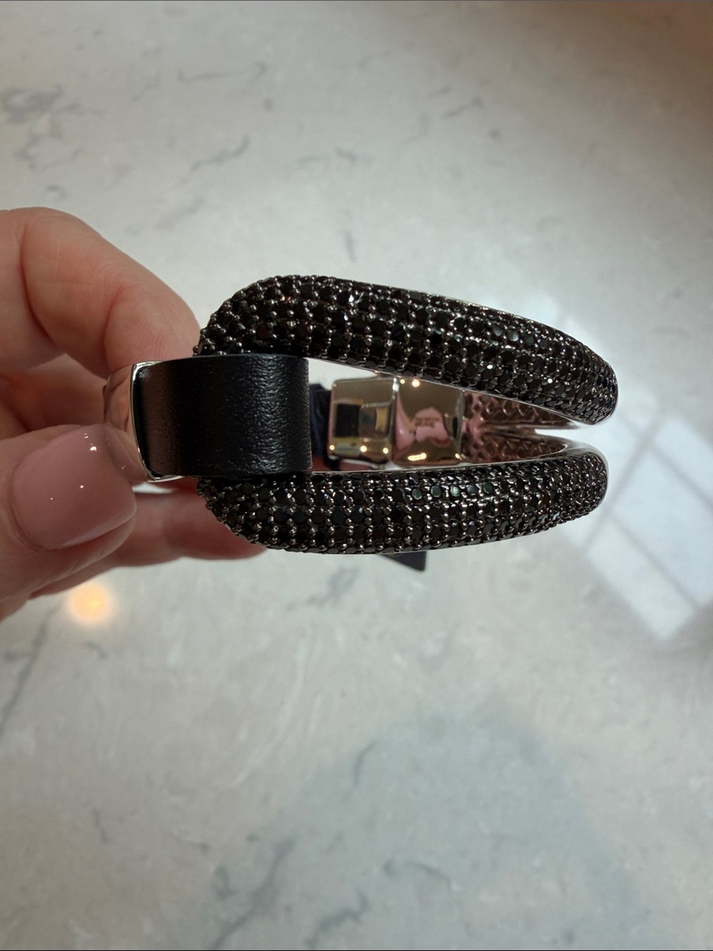 Milor Black Crystal Pavé & Leather Cuff Bracelet with Silver Accents